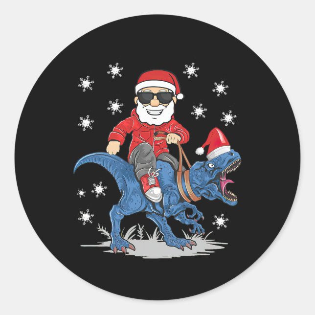 Santa Riding Dinosaur T rex Weihnachtsjunge Männer Runder Aufkleber (Vorderseite)