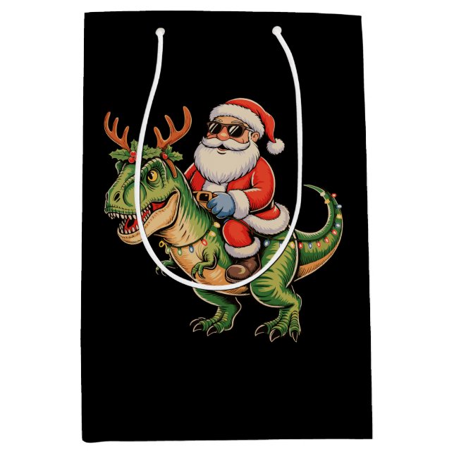 Santa Riding Dinosaurier T Rex Weihnachts Retro Xm Mittlere Geschenktüte (Vorderseite)