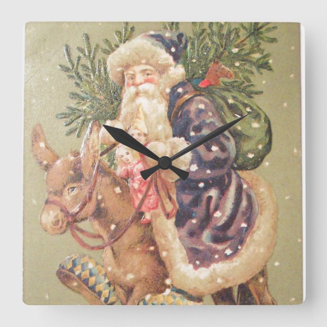 Santa Riding Donkey Quadratische Wanduhr (Vorderseite)