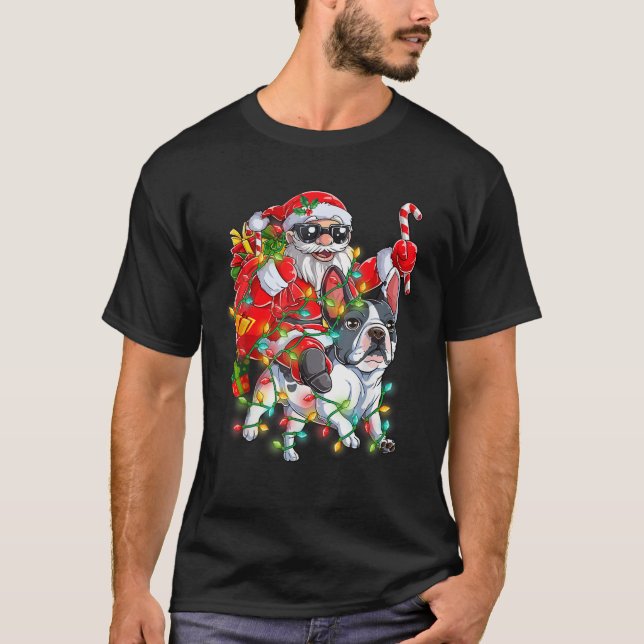 Santa Riding Frenchie Dog Christmas Tree Lights Xm T-Shirt (Vorderseite)