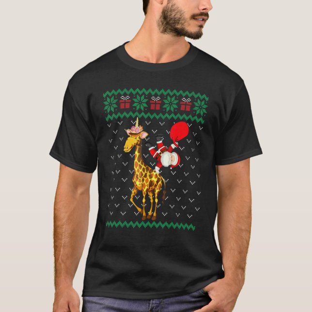 Santa Riding Giraffe Unicorn Christmas Ugly Pajama T-Shirt (Vorderseite)
