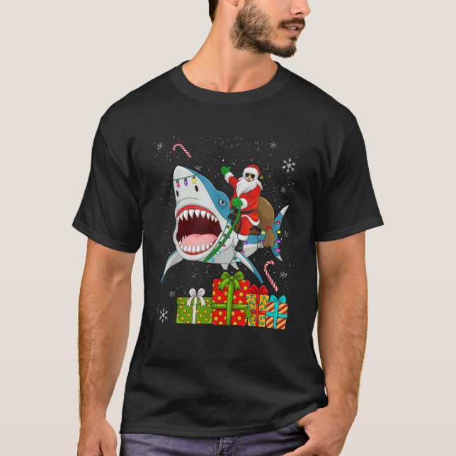 Santa Riding Hai Weihnachten Pajama Niedlich Ocean T-Shirt (Vorderseite)