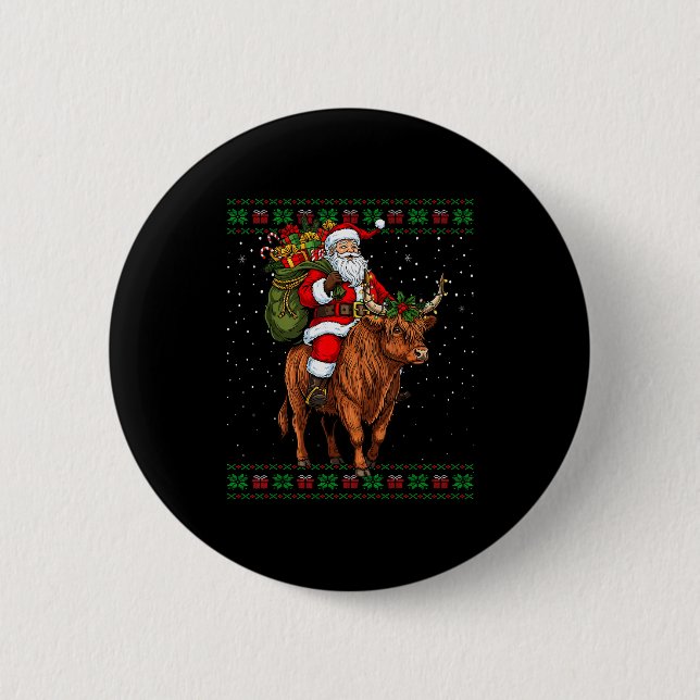 Santa Riding Highland Cow Ugly Christmas Sweater  Button (Vorderseite)