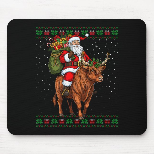 Santa Riding Highland Cow Ugly Christmas Sweater  Mousepad (Vorne)