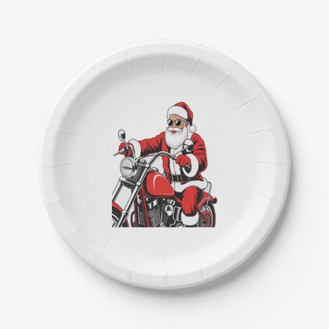 Santa Riding Motorrad Pappteller (Vorderseite)