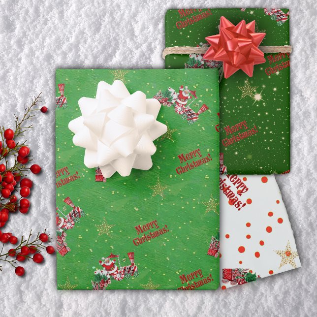 Santa Riding Red Train Gold Stars Frohe Weihnachte Geschenkpapier Set (Santa train, Merry Christmas, gold stars on greens & white with red dotted Christmas wrapping paper.)