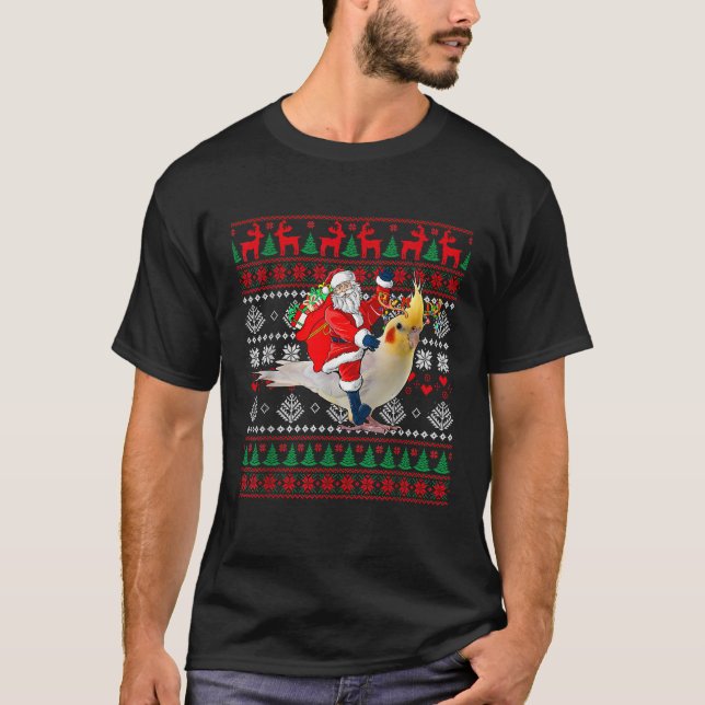 Santa Riding Reindeer Cockatiel Weihnachtskostüm T-Shirt (Vorderseite)