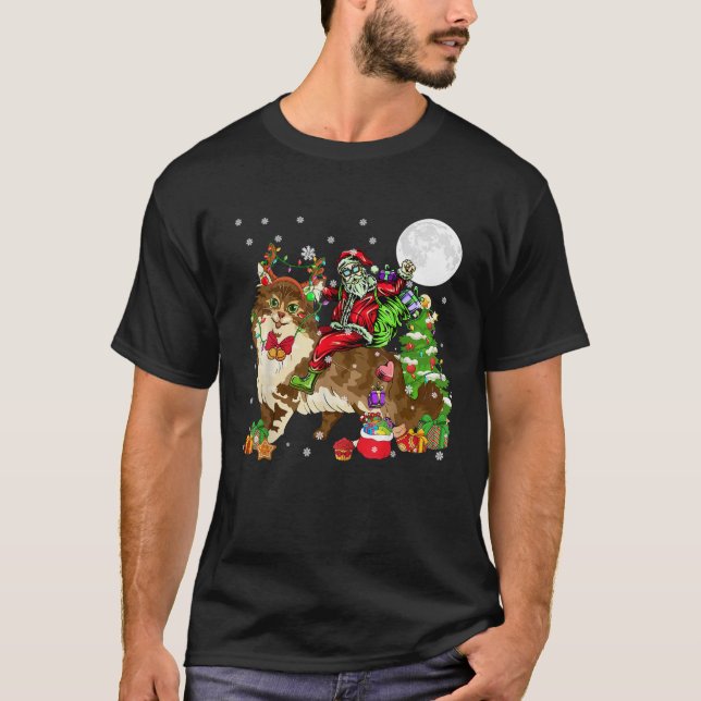Santa Riding Reindeer Maine Coon Cat Christmas Tre T-Shirt (Vorderseite)