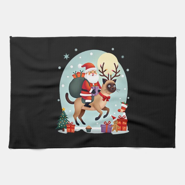 Santa Riding Reindeer Siamese Cat Christmas Tree L Geschirrtuch (Horizontal)