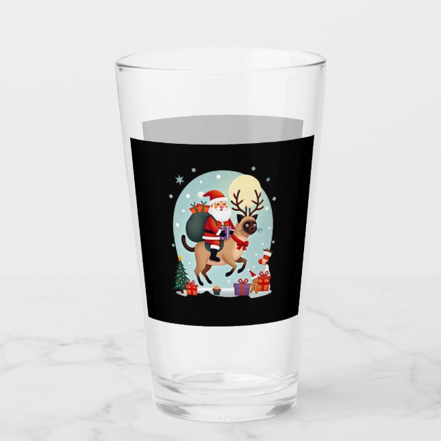 Santa Riding Reindeer Siamese Cat Christmas Tree L Glas (Vorderseite)