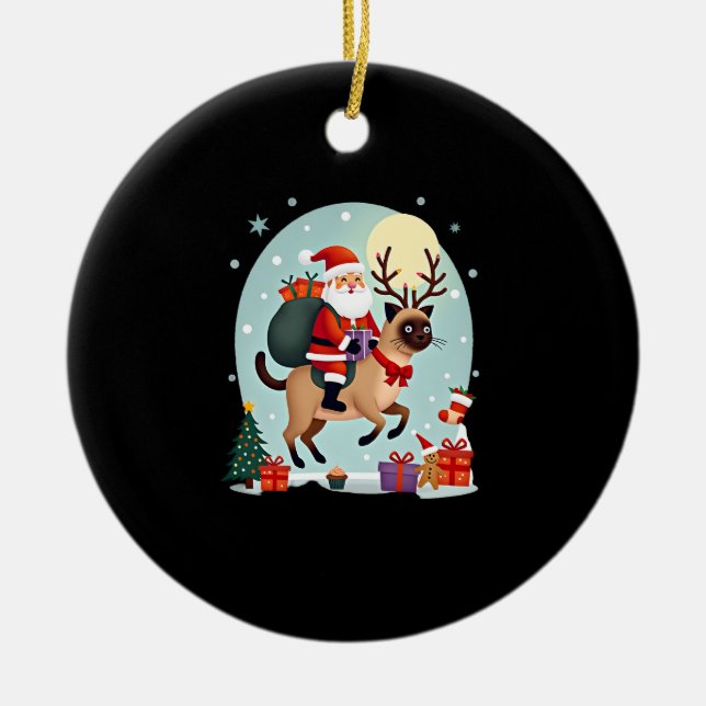 Santa Riding Reindeer Siamese Cat Christmas Tree L Keramik Ornament (Vorne)