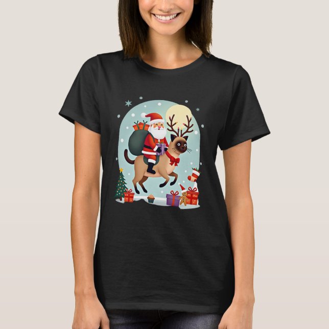 Santa Riding Reindeer Siamese Cat Christmas Tree L T-Shirt (Vorderseite)