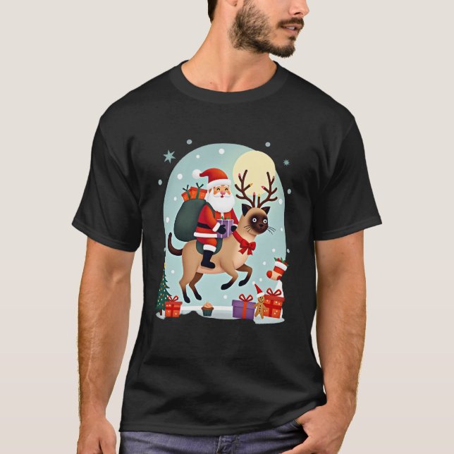 Santa Riding Reindeer Siamese Cat Christmas Tree L T-Shirt (Vorderseite)
