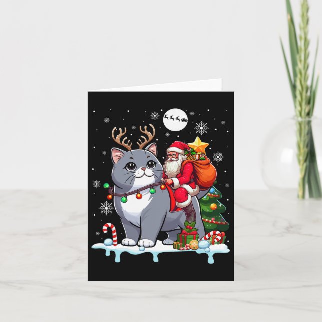 Santa Riding Rentier British Shorthair Xmas Tree Karte (Vorderseite)
