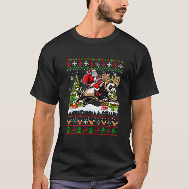 Santa Riding Rentier Ferret Xmas Kinder Familie Sc T-Shirt (Vorderseite)