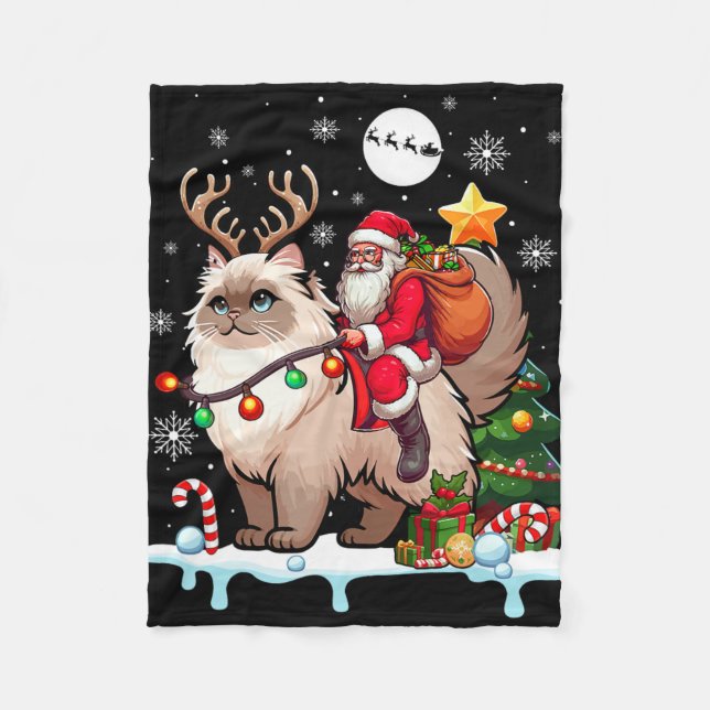 Santa Riding Rentier Himalayan Cat Xmas Tree Cola Fleecedecke (Vorderseite)