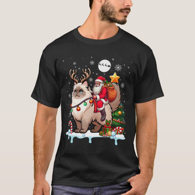 Santa Riding Rentier Himalayan Cat Xmas Tree Cola T-Shirt (Vorderseite)