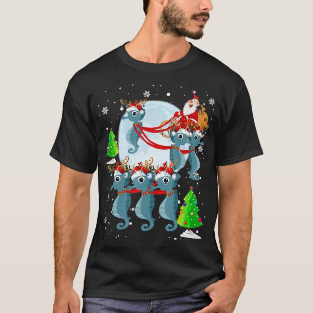 Santa Riding Rentier Santa Seepferd Sleigh T-Shirt (Vorderseite)