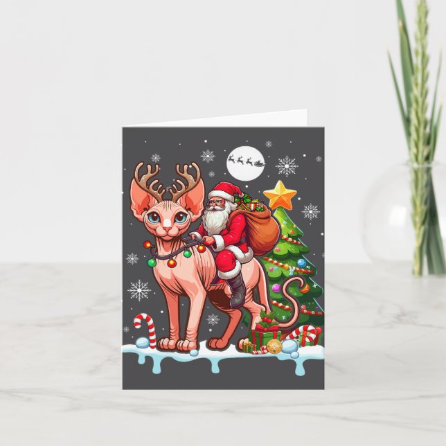 Santa Riding Rentier Sphynx Cat Xmas Tree Colorfu Karte (Vorderseite)