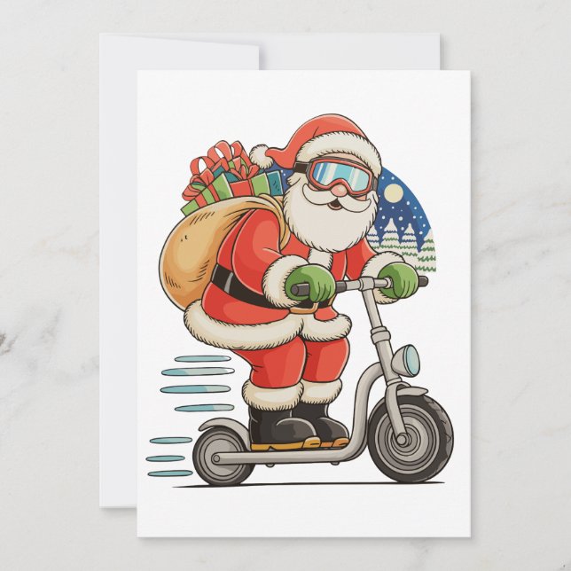 Santa Riding Scooter Weihnachtsmatte Feiertagskarte (Vorderseite)