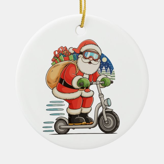 Santa Riding Scooter Weihnachtsmatte Keramik Ornament (Vorne)