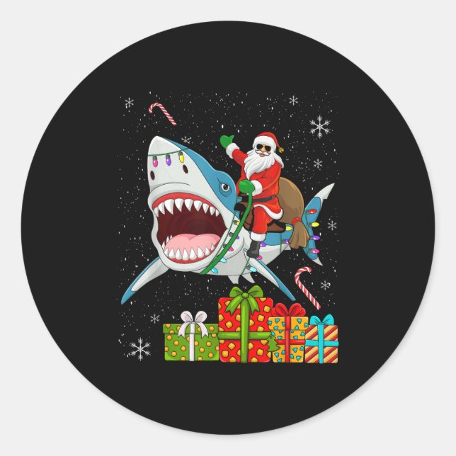Santa Riding Shark Christmas Pajama Cute Ocean Ani Runder Aufkleber (Vorderseite)