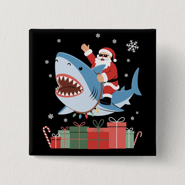 Santa Riding Shark Christmas Pajama Cute Ocean  Button (Vorderseite)