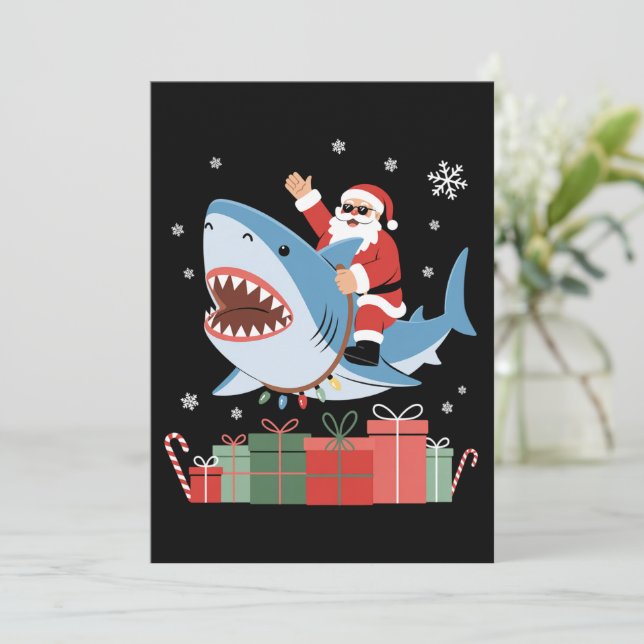 Santa Riding Shark Christmas Pajama Cute Ocean  Einladung (Stehend Vorderseite)