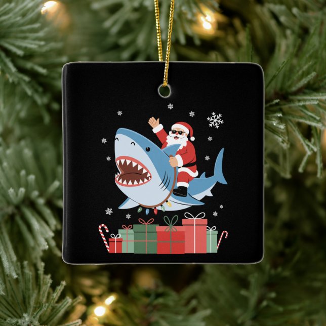 Santa Riding Shark Christmas Pajama Cute Ocean  Keramikornament (Baum)