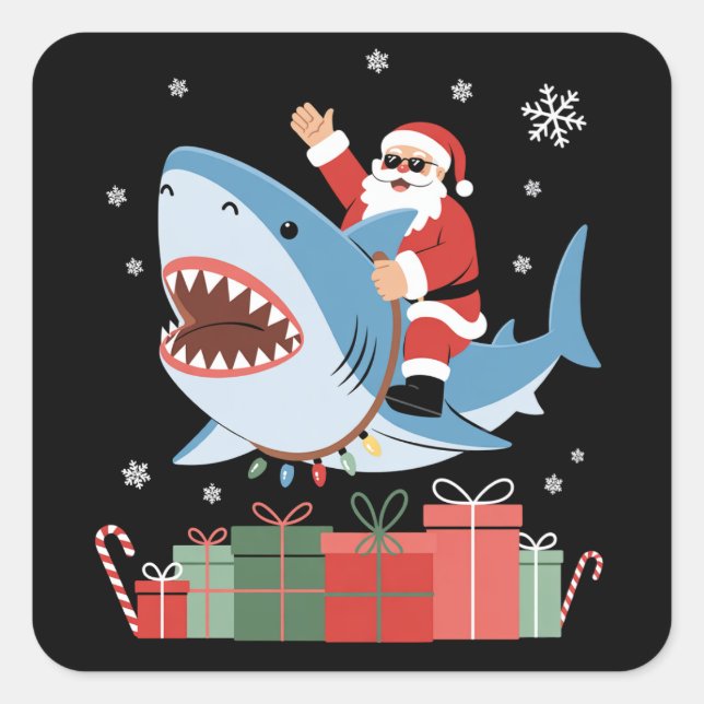 Santa Riding Shark Christmas Pajama Cute Ocean  Quadratischer Aufkleber (Vorderseite)
