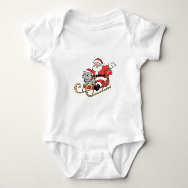 Santa Riding Sleigh mit Moo Deng Baby Hippo Baby Strampler (Vorderseite)