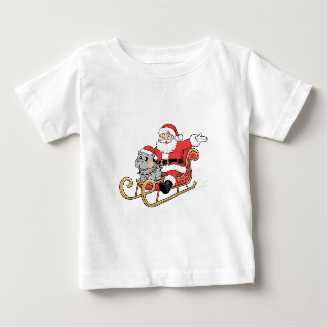 Santa Riding Sleigh mit Moo Deng Baby Hippo Baby T-shirt (Vorderseite)