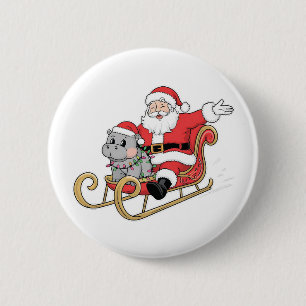 Santa Riding Sleigh mit Moo Deng Baby Hippo Button