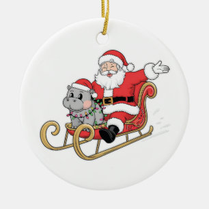 Santa Riding Sleigh mit Moo Deng Baby Hippo Keramik Ornament
