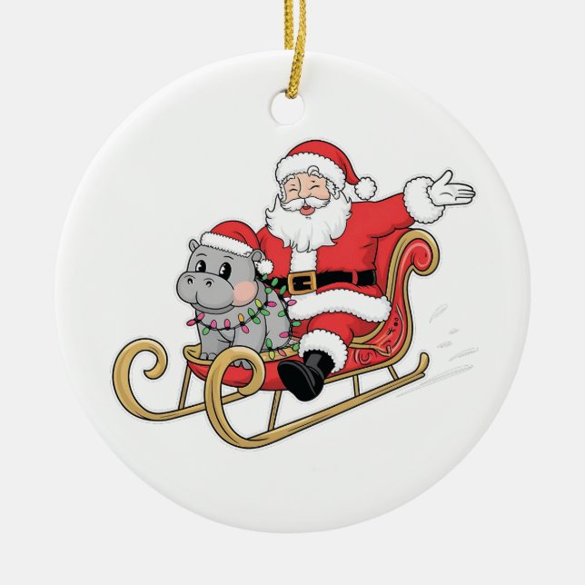 Santa Riding Sleigh mit Moo Deng Baby Hippo Keramik Ornament (Vorne)