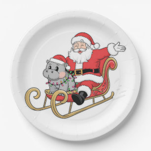 Santa Riding Sleigh mit Moo Deng Baby Hippo Pappteller
