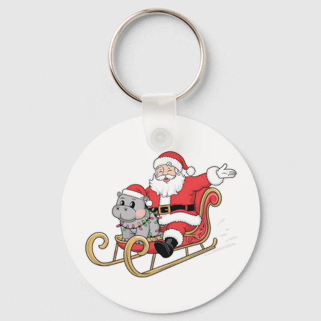 Santa Riding Sleigh mit Moo Deng Baby Hippo Schlüsselanhänger (Vorderseite)