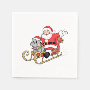Santa Riding Sleigh mit Moo Deng Baby Hippo Serviette