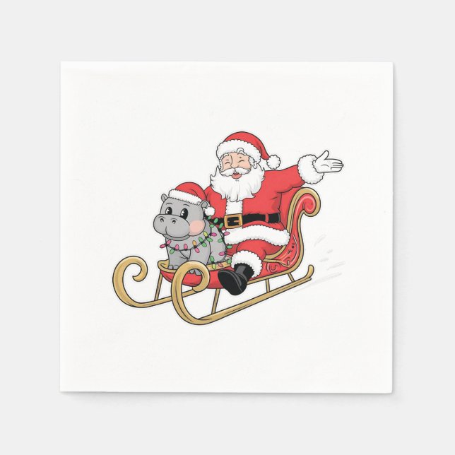 Santa Riding Sleigh mit Moo Deng Baby Hippo Serviette (Vorderseite)