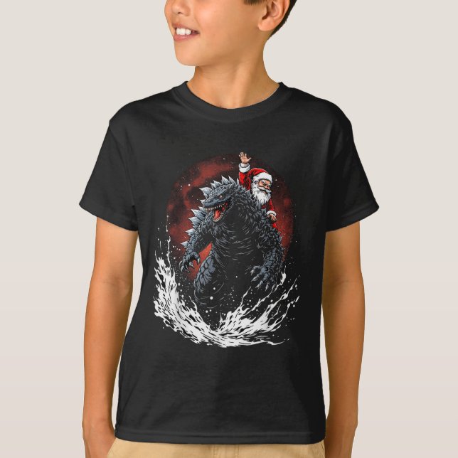 Santa Riding The Japanese Monster Kaiju For Christ T-Shirt (Vorderseite)