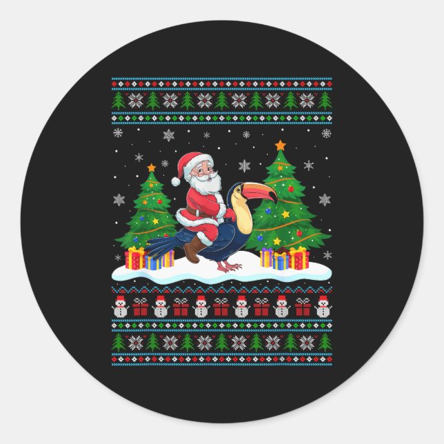 Santa Riding Toucans Tree Lights Ugly Christmas Sw Runder Aufkleber (Vorderseite)