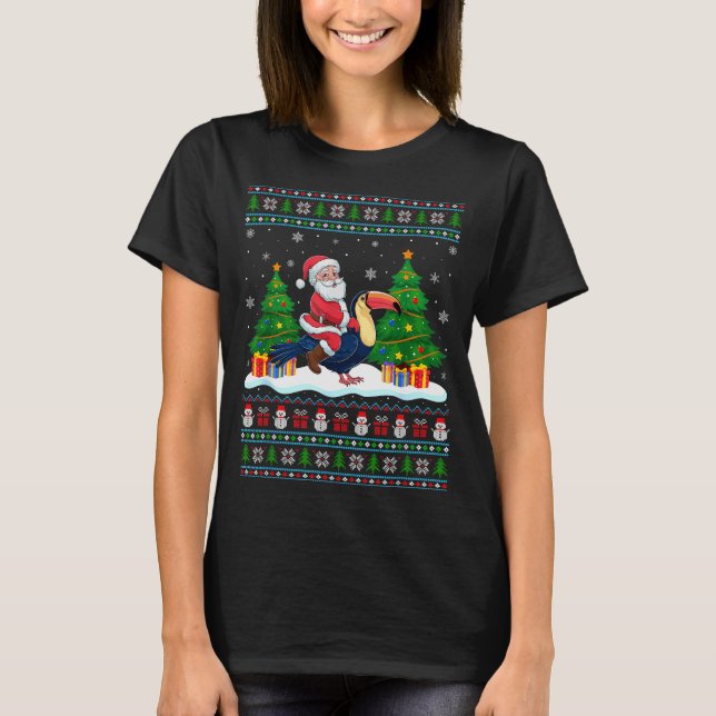 Santa Riding Toucans Tree Lights Ugly Christmas Sw T-Shirt (Vorderseite)