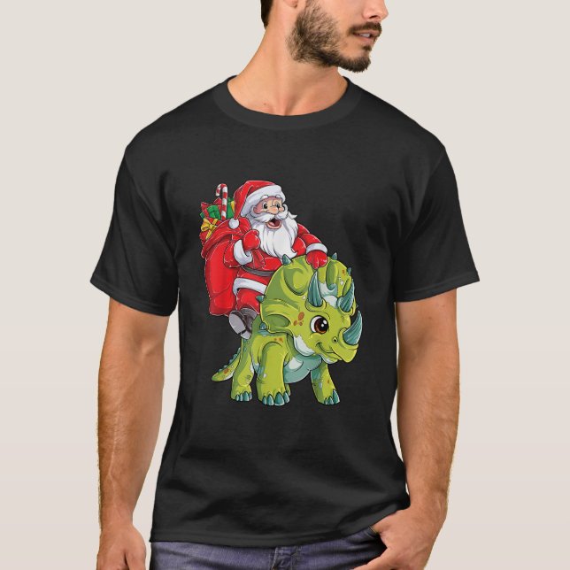 Santa Riding Triceratops Dinosaurier Weihnachtsjun T-Shirt (Vorderseite)