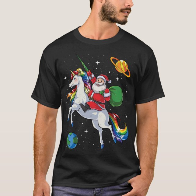 Santa Riding Unicorn Christmas Gifts Rainbow Space T-Shirt (Vorderseite)