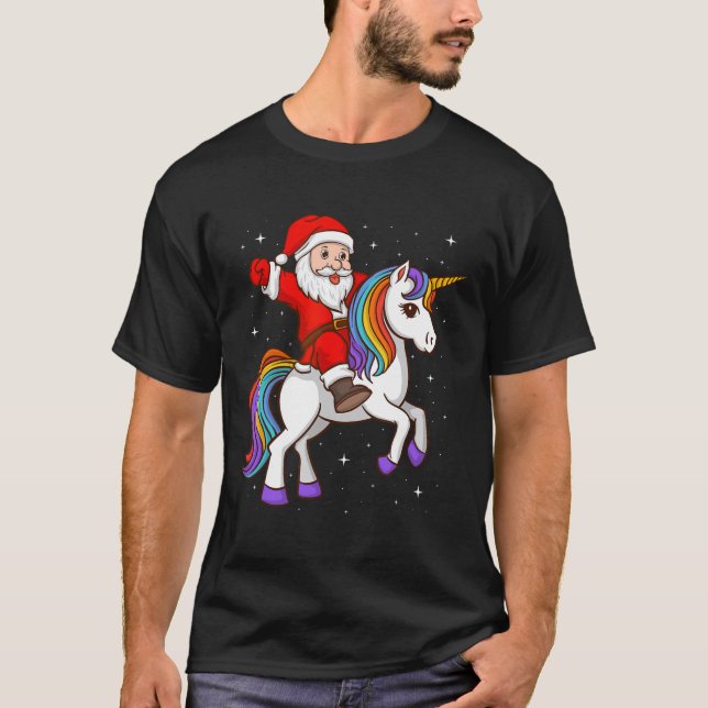 Santa Riding Unicorn Mystical Animal Xmas Magie T-Shirt (Vorderseite)