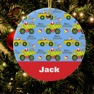 Santa Rite auf Dump Truck und Bulldozer Blue Keramik Ornament