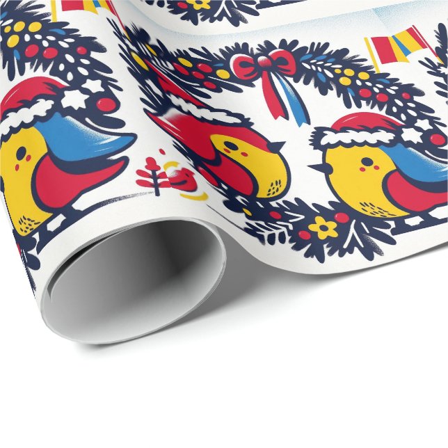 Santa Robins, der den rumänischen Flaggenschrei hä Geschenkpapier (Rolleneckpunkt)