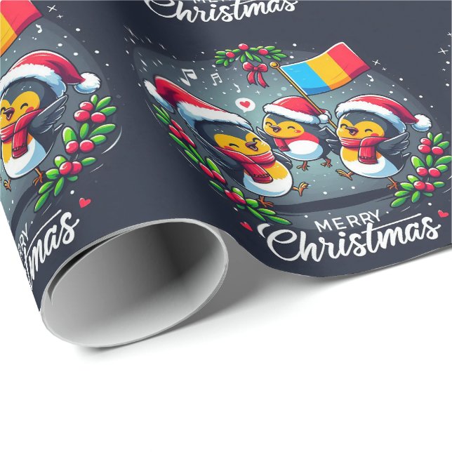 Santa Robins, die die rumänische Flagge auf dem Fa Geschenkpapier (Rolleneckpunkt)