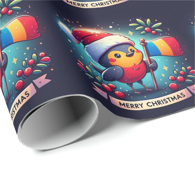 Santa Robins, die die rumänische Flagge führen Geschenkpapier (Rolleneckpunkt)