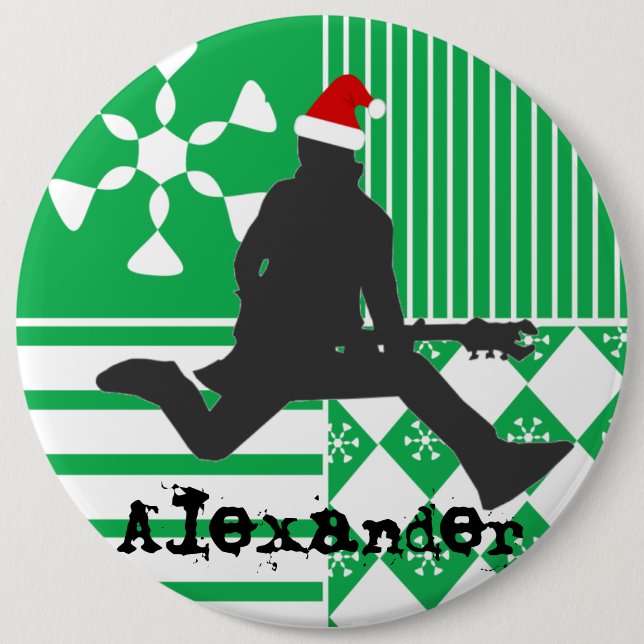 Santa Rock Star Christmas Stocking Name Tag Button (Vorderseite)